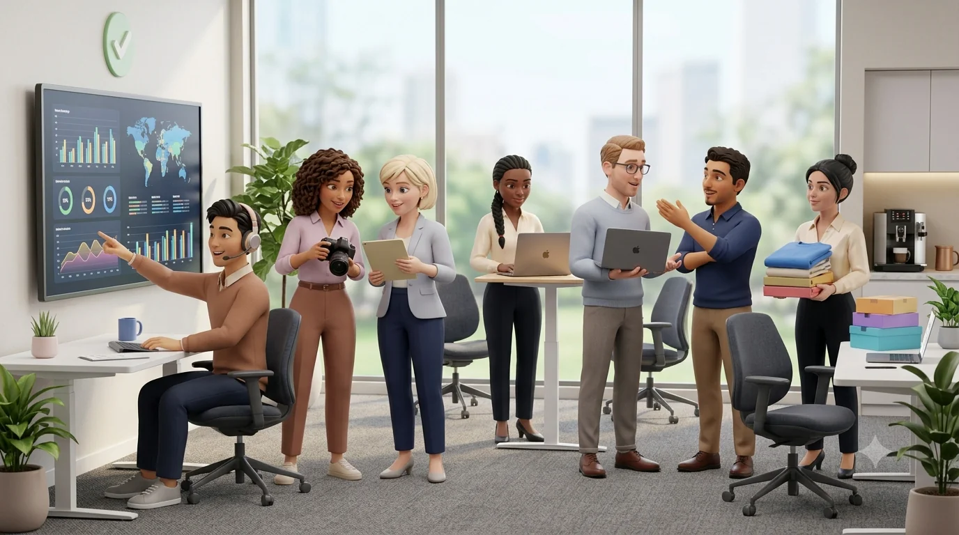 Equipo de agentes de IA trabajando en una oficina, representación del trabajo digital automatizado