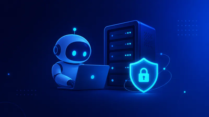 Agente de IA autonomo trabajando 24/7 junto a un servidor con escudo de seguridad, ilustrando la instalacion segura de OpenClaw